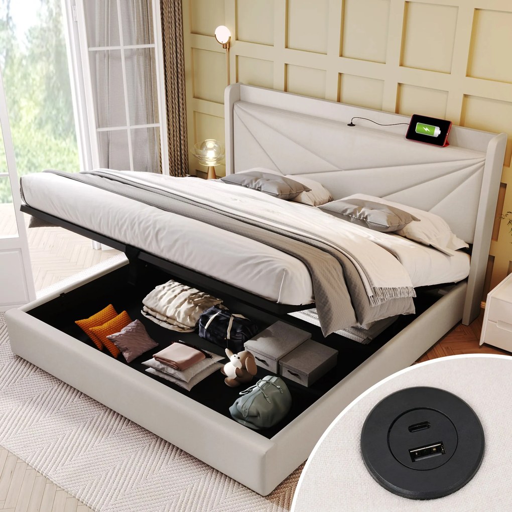 Pat dublu cu ladă de depozitare, funcție de încărcare USB Tip C, din bumbac și in, fără saltea, 160x200 cm, Bej