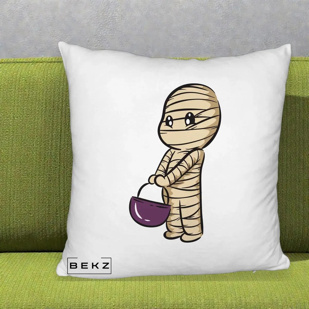 Perna Decorativa Halloween Mummy Kawaii cu Cos, 40x40 cm, Alb Pufos, Husa Detasabila, Perna Inclusa, BEKZ®
