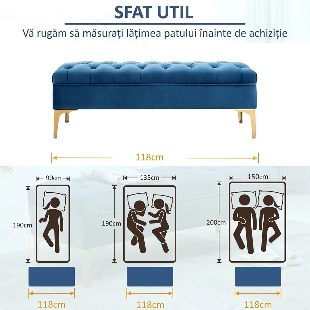 HOMCOM Bancă Hol, Bancă la Capătul Patului din Catifea Albastru Închis, Design Modern cu Picioare Metalice Aurii, 118x45x42cm | Aosom Romania