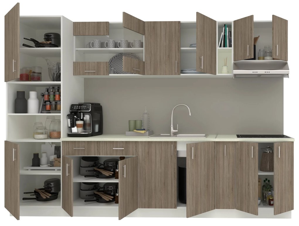 Set Bucatarie Karo V26, Stejar Sonoma Inchis/Alb, Blat Thermo 28 mm, L 300 cm