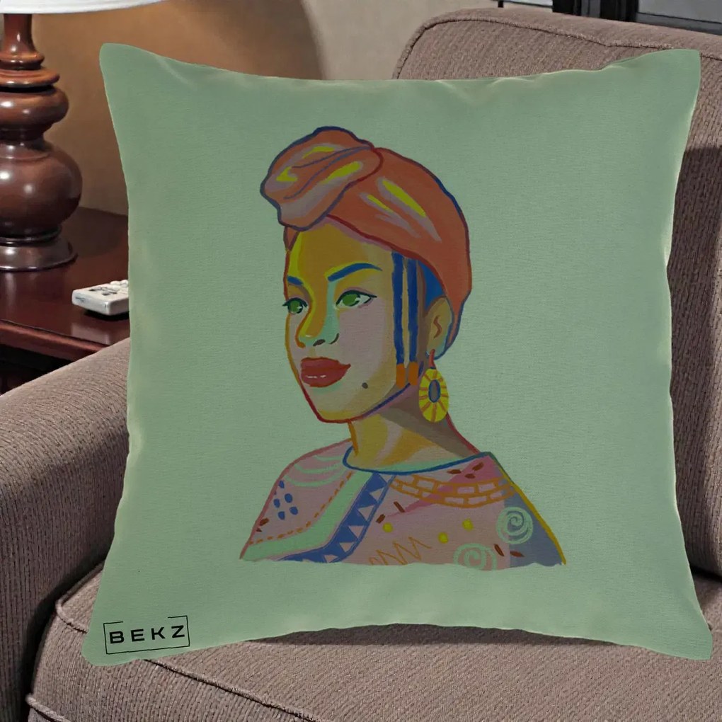 Perna Decorativa Portret Femeie Africana, 40x40 cm, Verde, Husa Detasabila, Perna Inclusa, BEKZ®