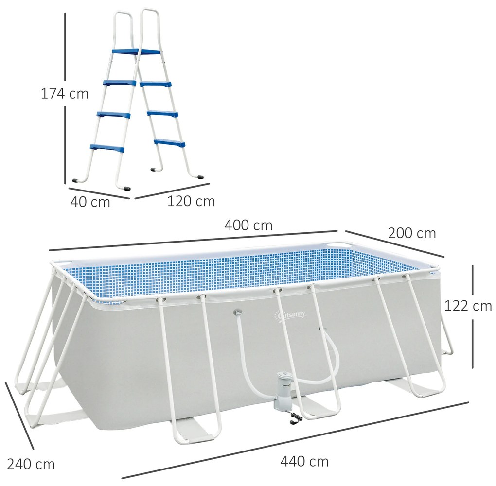 Outsunny Piscina Supraterana Dreptunghiulara cu Pompa Filtru si Scara Incluse, 440x240x122cm, Gri | Aosom Romania