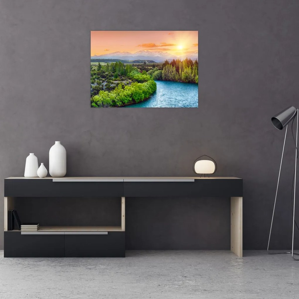 Tablou pe sticlă - Pădure peisaj montan (70x50 cm)
