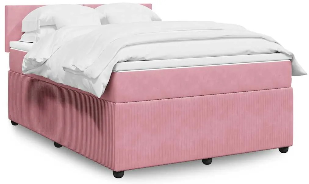 vidaXL Pat box spring cu saltea, roz, 140x200 cm, catifea