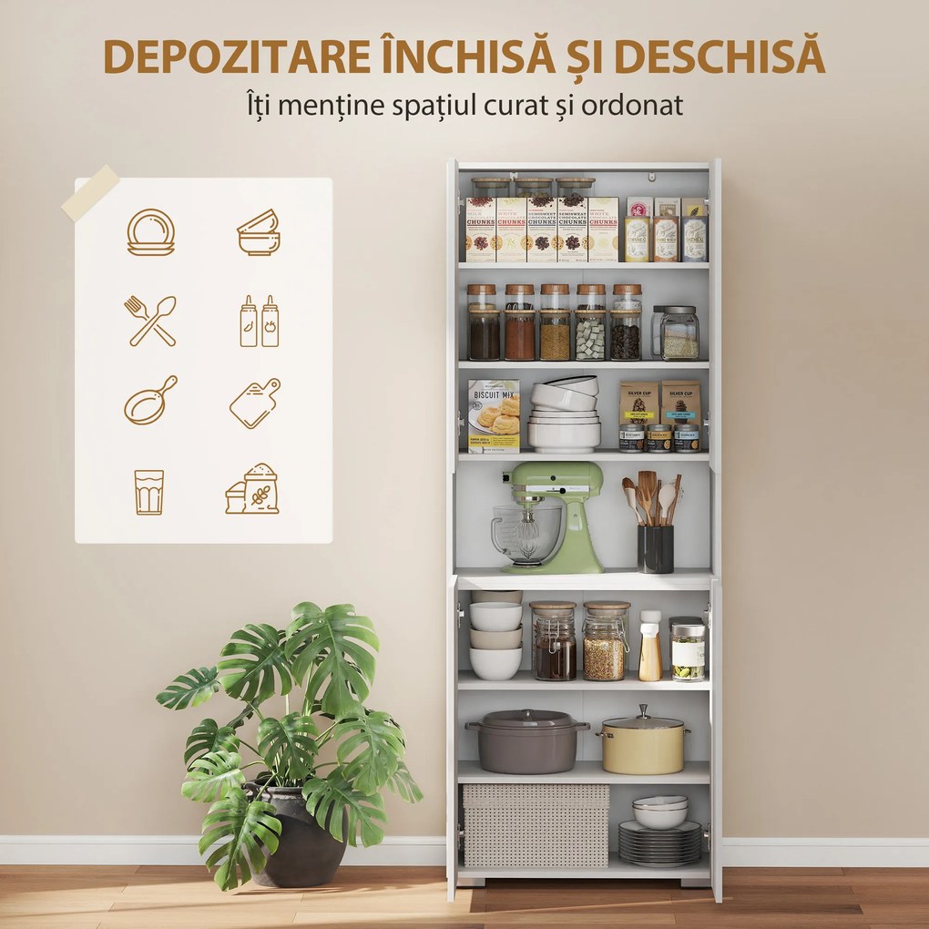HOMCOM Dulap Bucătărie Înalt 180cm, Mobilier Depozitare cu Uși Soft-Close, Raft Deschis, 2 Dulapuri, Rafturi Ajustabile, Stil Modern pentru Sufragerie sau Bucătărie, Alb Lucios | Aosom Romania