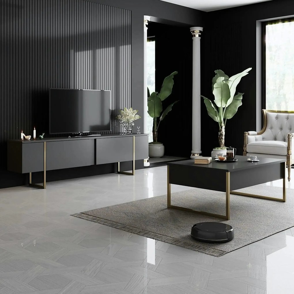 Mobilier living LUXE, gri antracit/auriu, PAL melaminat/metal, 2 piese