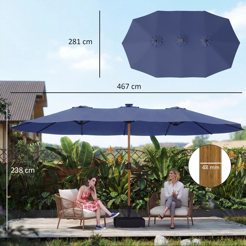 Outsunny Umbrelă Dublă de Grădină 4.7x2.8 m, Umbrelă de Exterior cu Manivelă, Bază Cruce, Saci de Nisip, Husă de Protecție, 12 Spițe, Anti-UV, pentru Terasă și Balcon, Albastru Închis | Aosom Romania