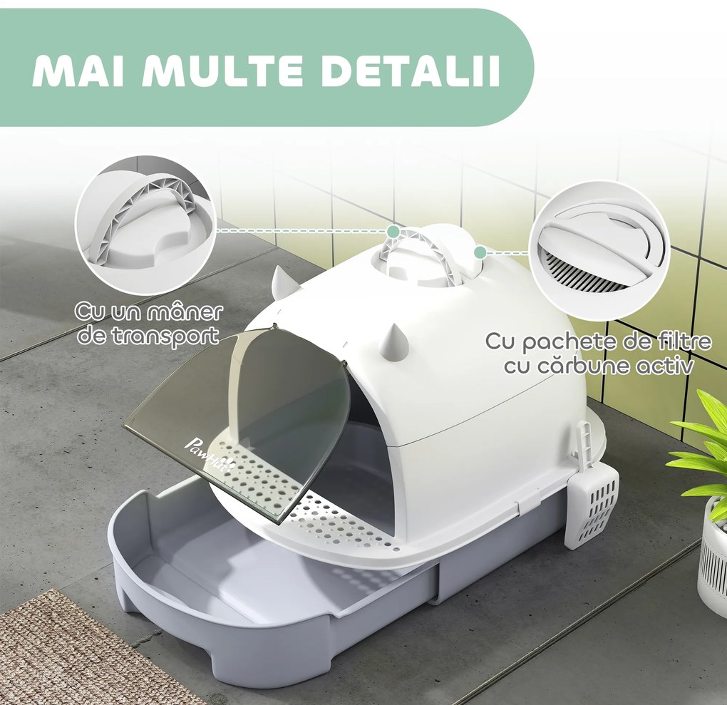 PawHut Litieră cu Capac, Tavă pentru Nisip tip Sertar cu Filtru de Carbon și Lopățică, 40,5x52x39 cm, Gri | Aosom Romania