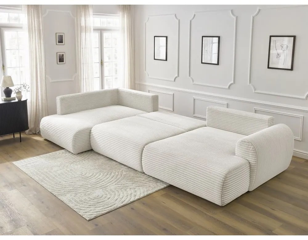 Colțar crem extensibil/cu spațiu de depozitare cu tapițerie din catifea reiată (cu colț pe partea stângă/în formă de "U") Lucien – Bobochic Paris