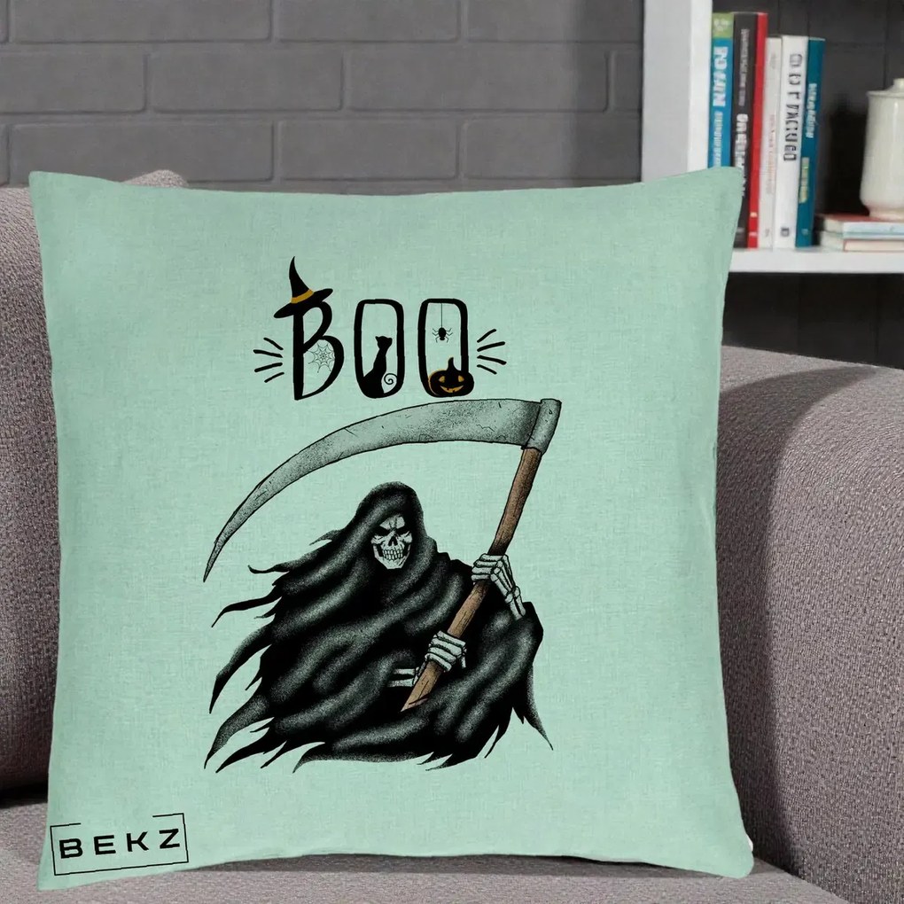 Perna Decorativa Halloween Boo Grim Reaper cu Coasa, 40x40 cm, Verde Menta, Husa Detasabila, Perna Inclusa, BEKZ®