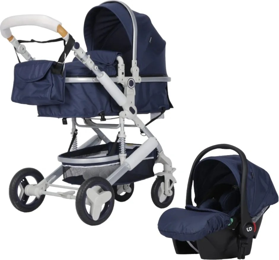 Carucior nou nascuti 3 in 1 NOVOKIDS™ 5300, Cu geanta bebe, Cadru Aluminiu, Amortizoare, Roti din cauciuc plin AVE, Landou, Scoica auto, Spatar