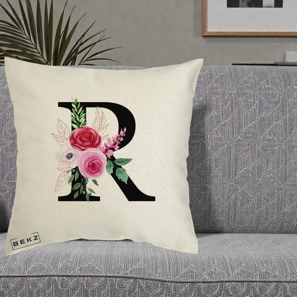 Cadou Personalizat - Perna Personalizata Monograma Florala Litera R, 40x40 cm, Ecru, Husa Detasabila, Perna Inclusa, BEKZ®