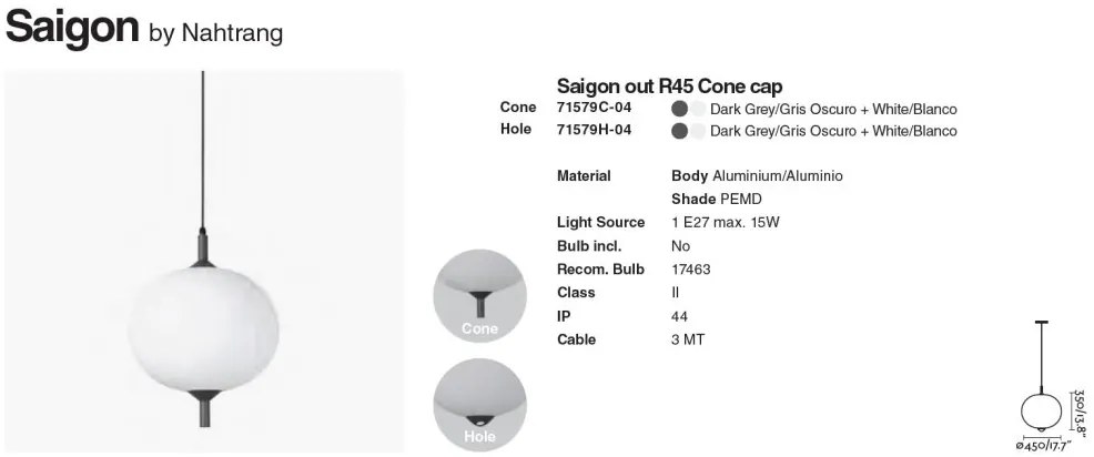Lustra/Pendul iluminat exterior decorativ SAIGON cone cap R45 gri/alb