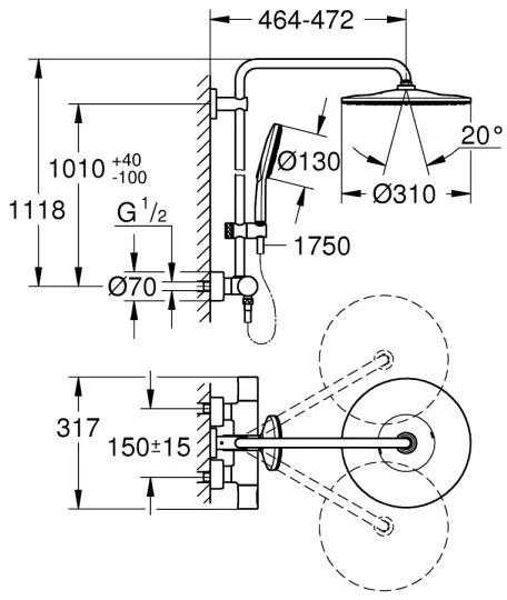 GROHE 26648000 - Sistem de duș RAINSHOWER SMARTACTIVE 310, 450 mm, crom lucios
