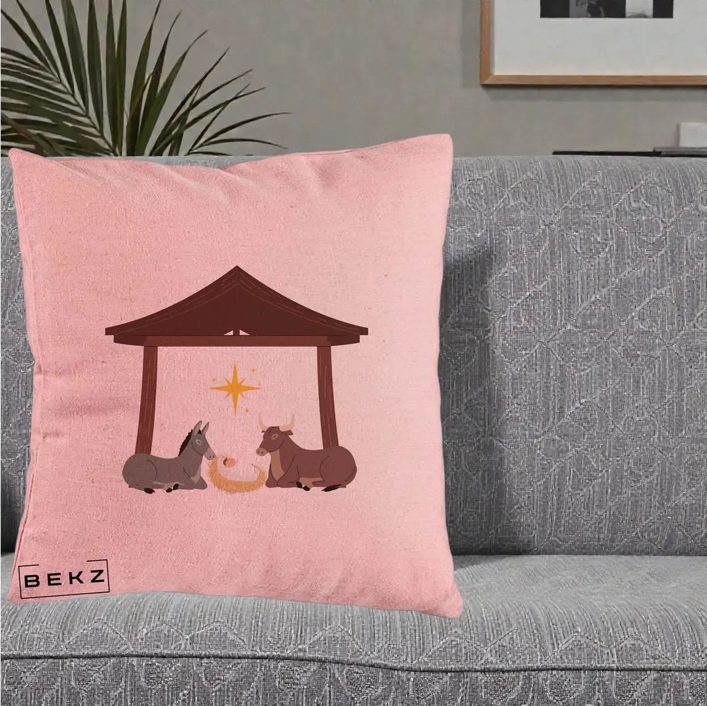 Perna Decorativa Ieslea din Betleem cu Iesle Asin si Bou, 40x40 cm, Roz, Husa Detasabila, Perna Inclusa, BEKZ®