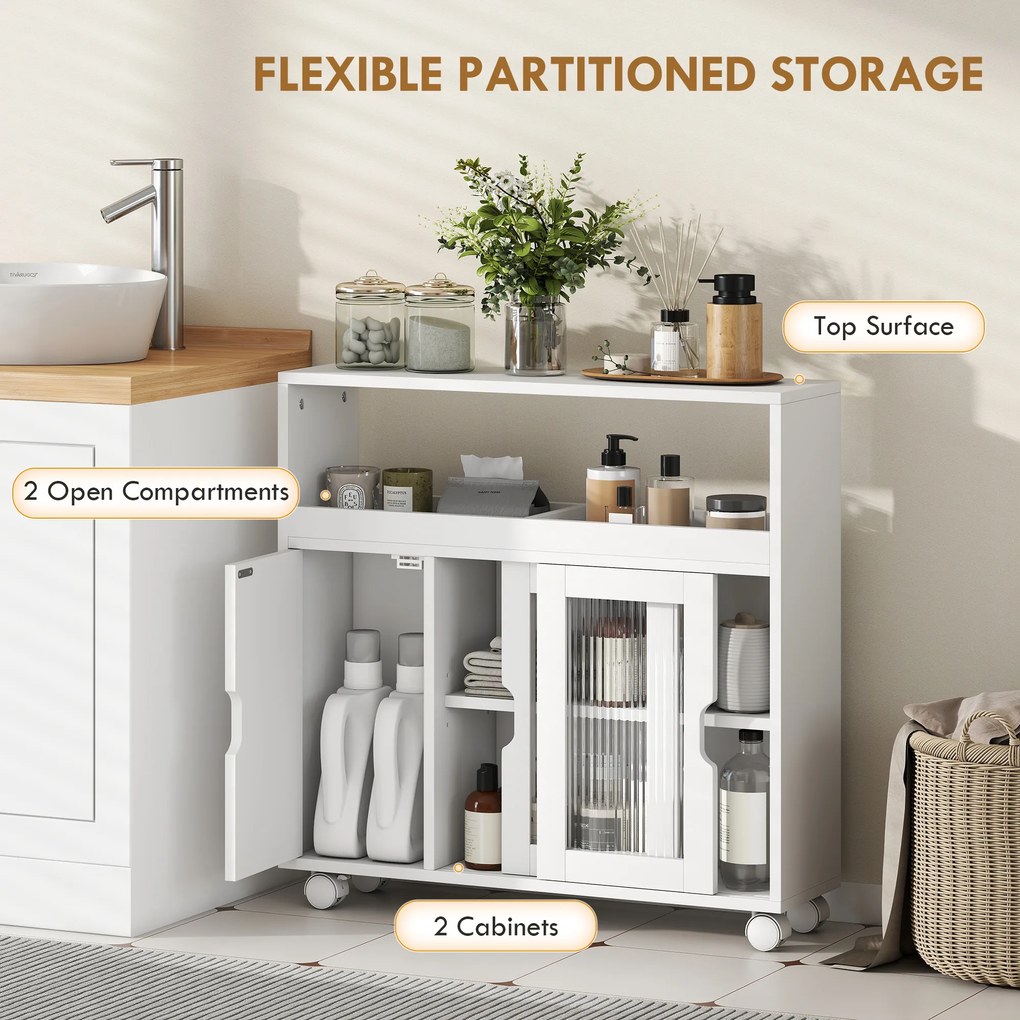 HOMCOM Dulap de Baie cu Roți, Raft Reglabil, Ușă Glisantă din Sticlă Călită, Alb | Aosom Romania