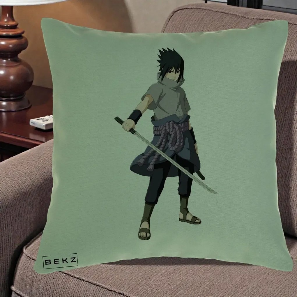 Perna Personalizata Naruto Sasuke Uchiha cu Sabia, 40x40 cm, Verde, Husa Detasabila, Perna Inclusa, BEKZ®