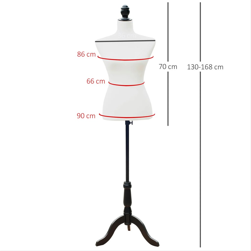 HOMCOM Manechin de croitorie feminin reglabil 130-168 cm, cu trepied din lemn, pentru fotografie de modă și expunere haine, alb | Aosom Romania