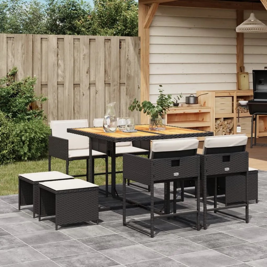 vidaXL Set mobilier de grădină cu perne, 9 piese, negru, poliratan