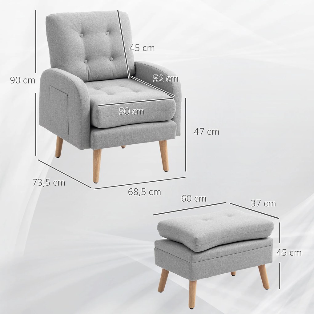HOMCOM Fotoliu de relaxare cu repose-pied fotoliu TV cu perne capitonat din material lin 68,5 x 73,5 x 90 cm gri deschis | Aosom Romania