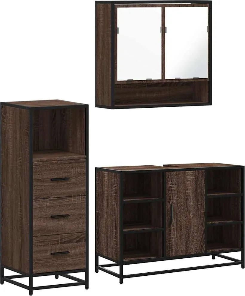vidaXL Set mobilier de baie, 3 piese, stejar maro, lemn prelucrat