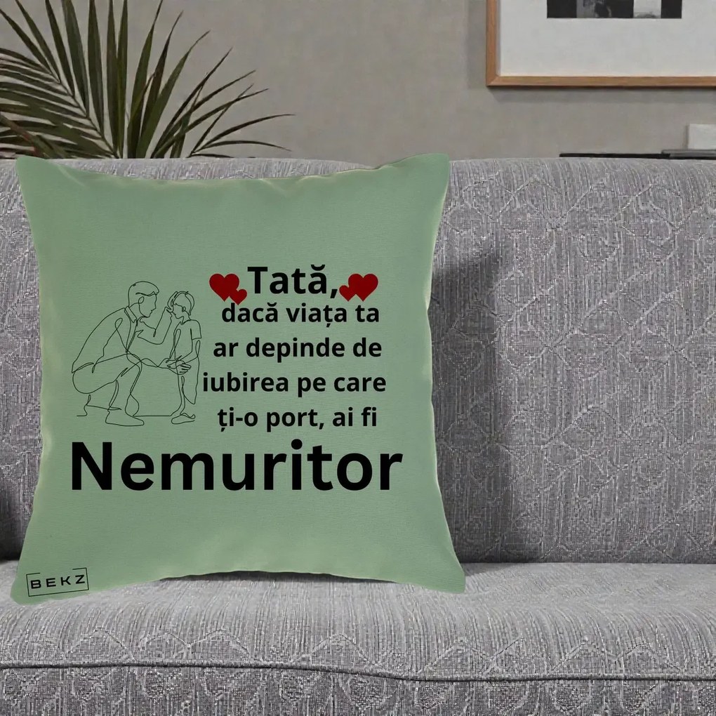 Cadou pentru Tata - Perna Personalizata Tata Nemuritor Baietel, 40x40 cm, Verde, Husa Detasabila, Perna Inclusa, BEKZ®
