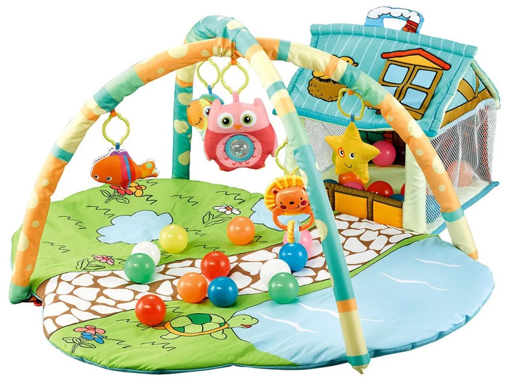 Centru de Activitati Bebelusi si Tarc cu Bile NOVOKIDS™ 3 in 1 Happy Farm, saltea activitati copii, casuta copii, Set 30 de Bile Colorate Inclus