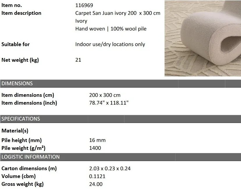 Covor design LUX tesut manual San Juan 200x300cm