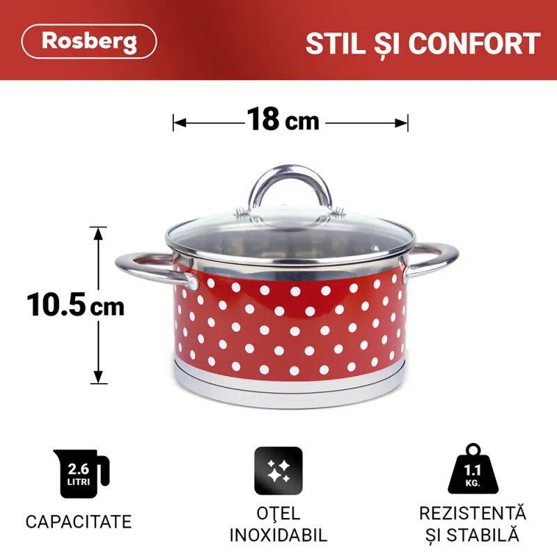 Oală Rosberg R51210I18, 18 cm, 2,6 litri, fund dublu, inducție, oțel inoxidabil / roșu cu puncte albe