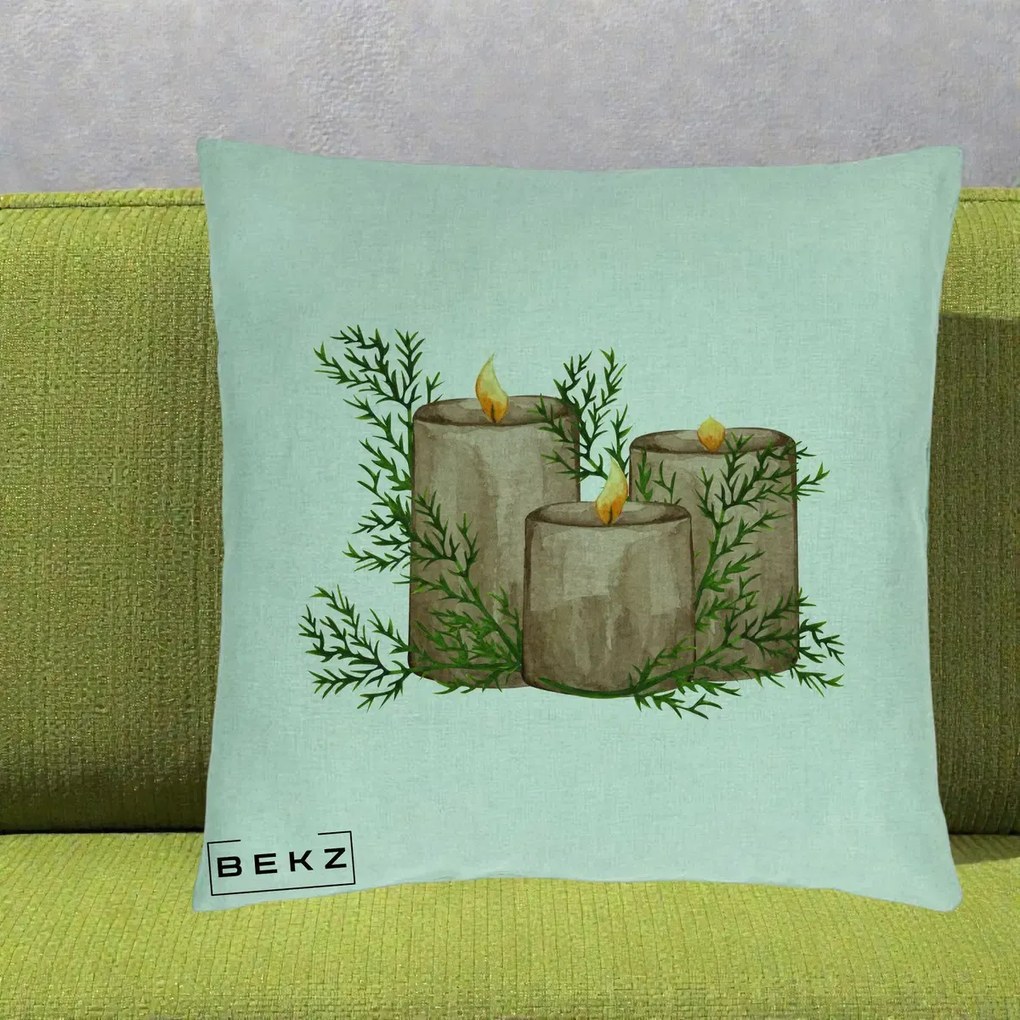 Perna Decorativa Lumanari Rustice cu Crengute Brad, 40x40 cm, Verde Menta, Husa Detasabila, Perna Inclusa, BEKZ®