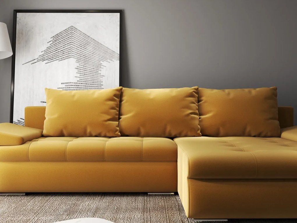 Colțar extensibil dumonde cu ladă de depozitare si sezut confortabil din spuma high-density, Leonardo Royal Mustar 260x185 cm II