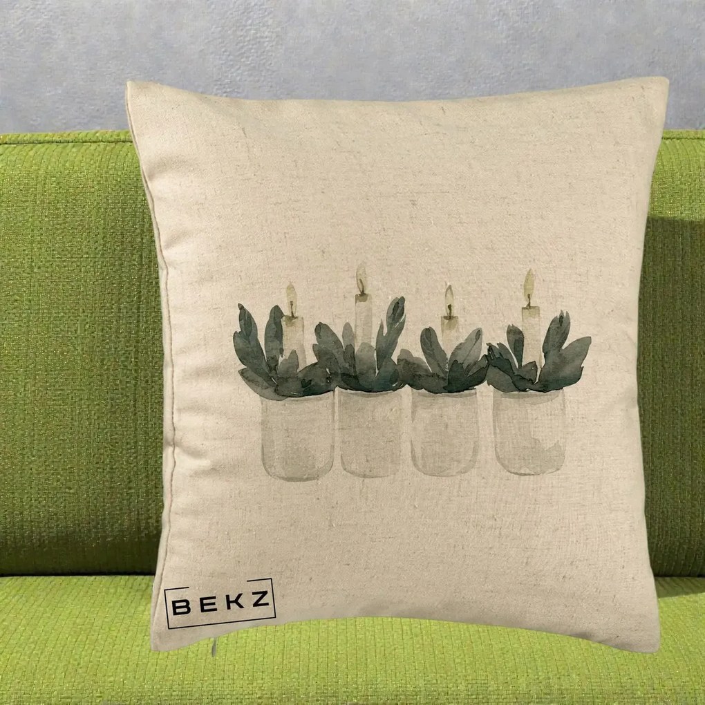 Perna Decorativa Lumanari in Borcane cu Eucalipt, 40x40 cm, Bej, Husa Detasabila, Perna Inclusa, BEKZ®