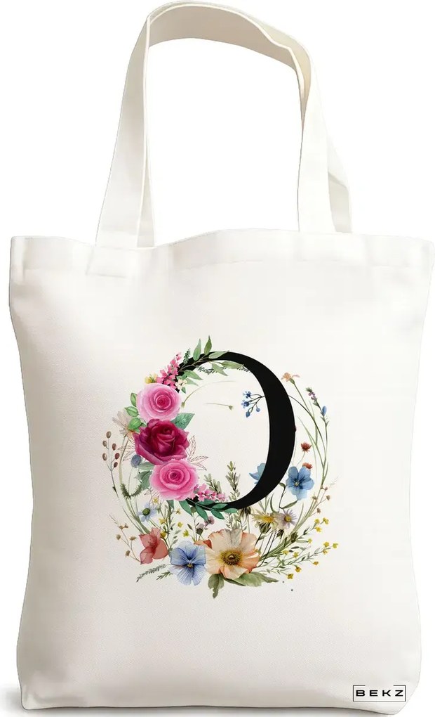 Sacosa de Panza pentru Cumparaturi, Geanta Tote, Cu litera O in Coronita Florala, 38x34.5 cm, Alba, BEKZ®