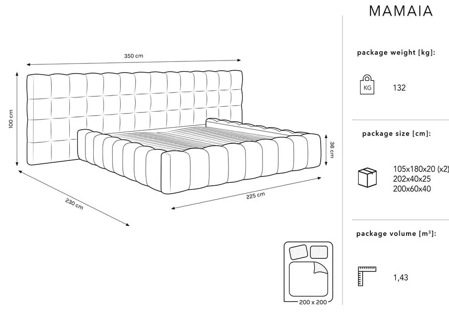 Pat matrimonial crem tapițat cu spațiu de depozitare cu somieră 200x200 cm Mamaia – Micadoni Home