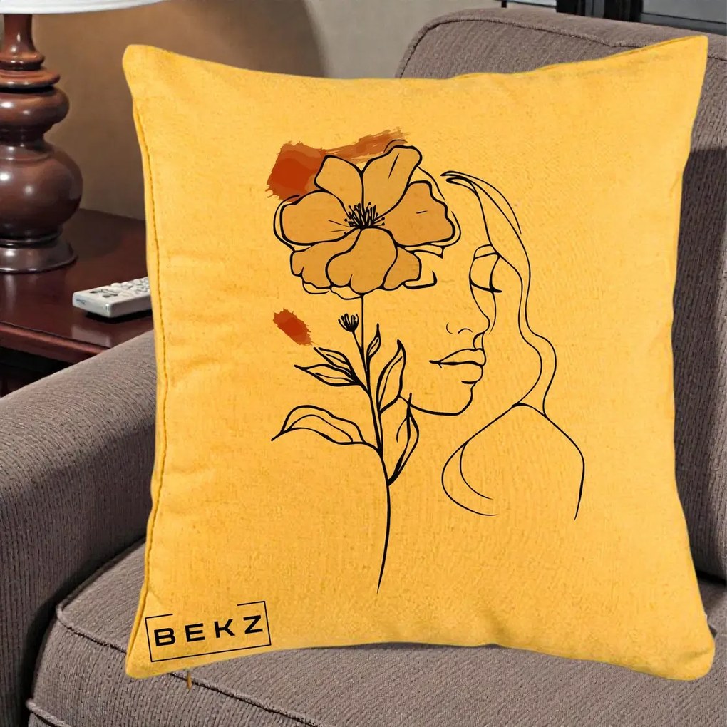 Perna Decorativa Portret Feminin Floare Bej Terracotta, 40x40 cm, Galben, Husa Detasabila, Perna Inclusa, BEKZ®
