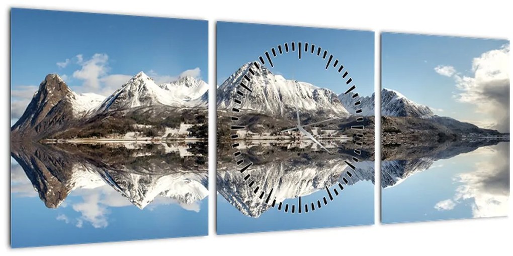 Tablou cu munți și reflectarea lor (cu ceas) (90x30 cm)