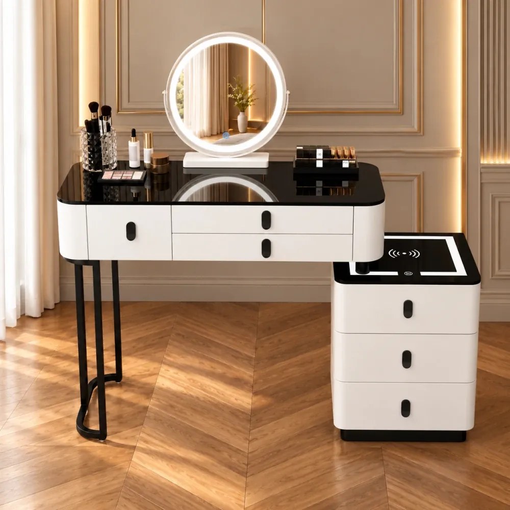 Set MARGOT LONG – Masă de Toaletă pentru Machiaj, Oglindă Alba iluminată LED, Control Touch, 6 sertare, Comoda, Difuzor Bluetooth, Zona încărcare fără fir + USB, Taburet, Alb, 100x40x75 cm