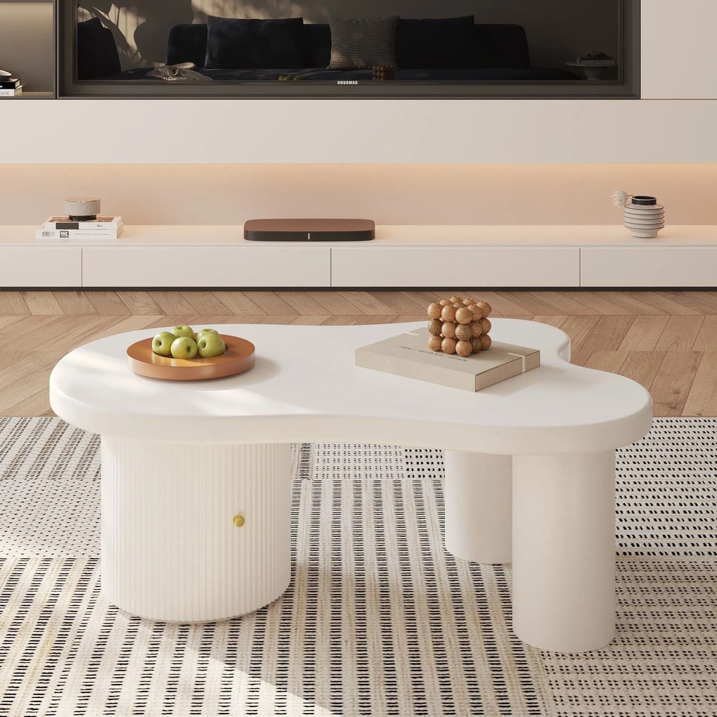 Măsuță de cafea asimetrică cu spațiu de depozitare, pentru living și birouri, 100x60x37 cm, Alb