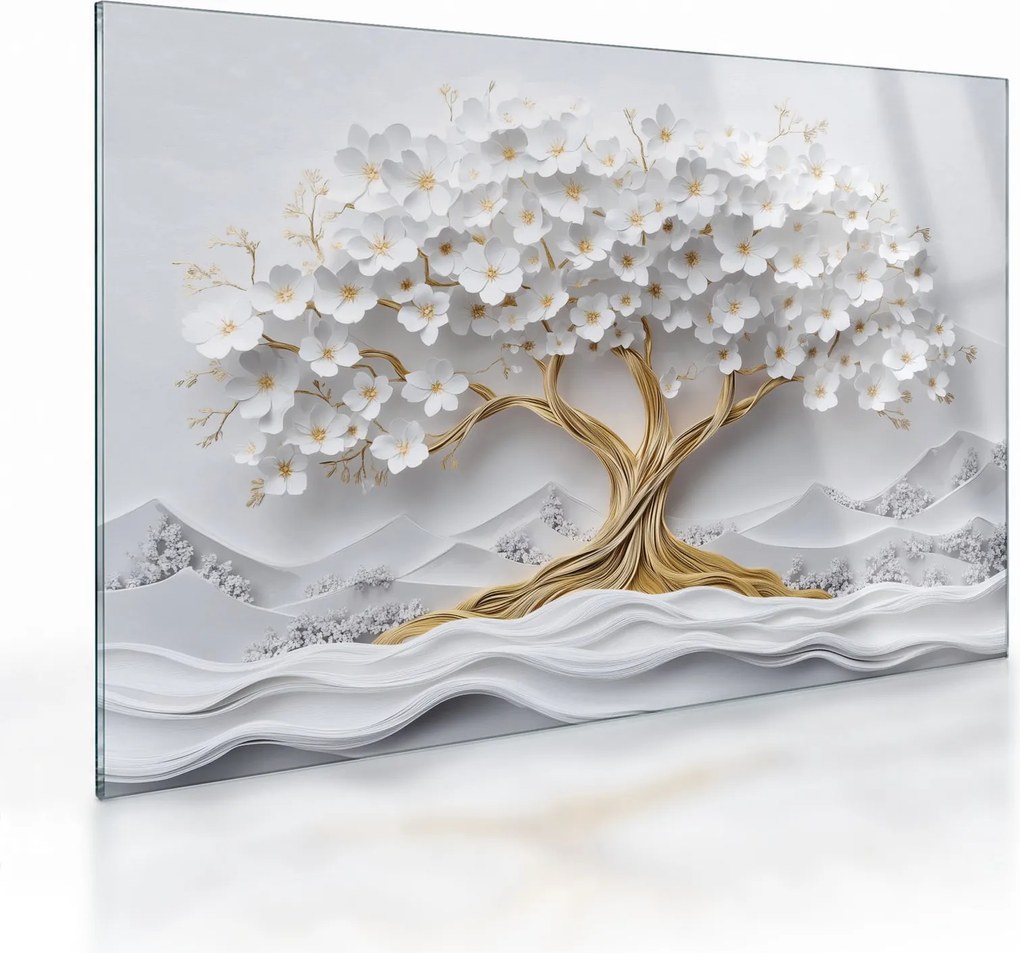 Tablou pe sticlă – Arborele vieții 3D plin de flori (70x50 cm)