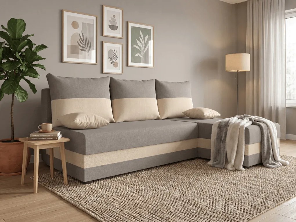 Coltar extensibil de tip L dublu fata VALERIO SLIM 200x140 cm, gri deschis/bej + 2 pernute GRATUIT