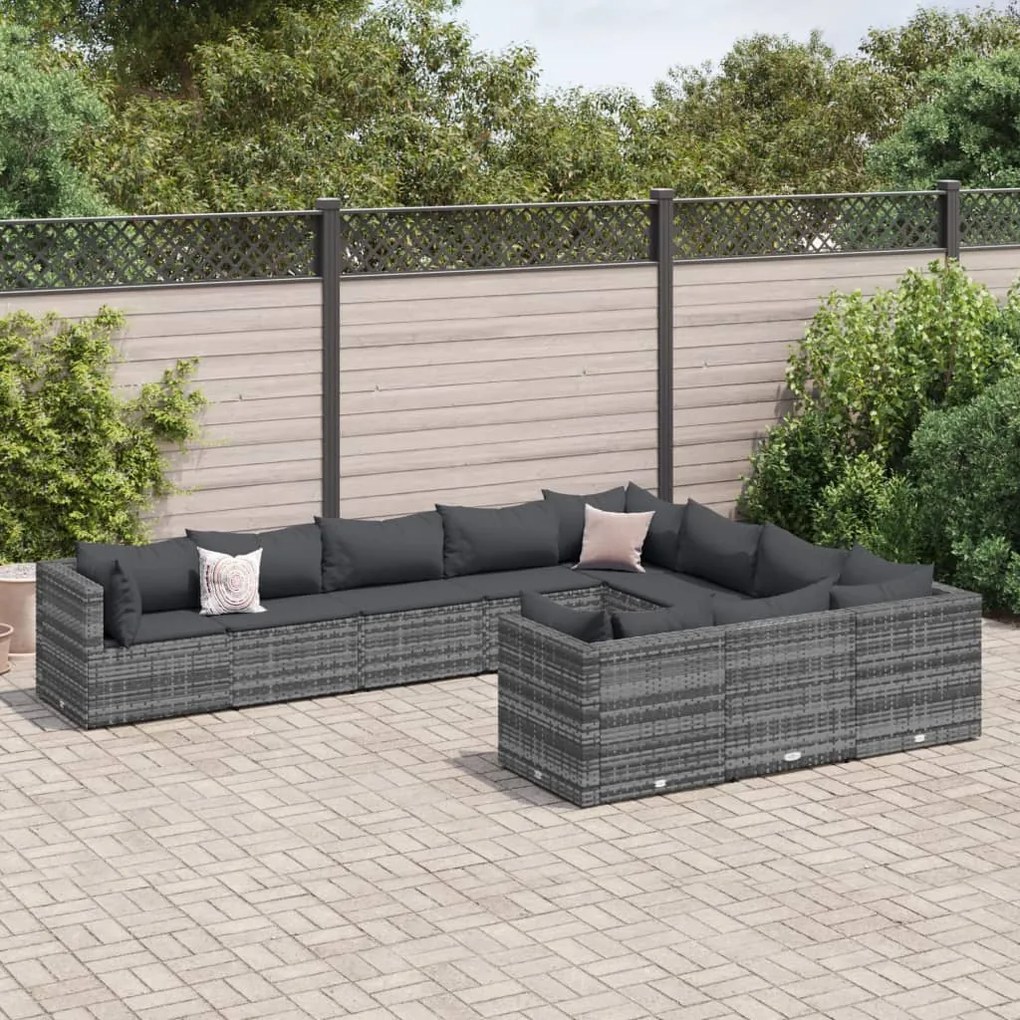 3308330 vidaXL Set mobilier de grădină cu perne, 10 piese, gri, poliratan