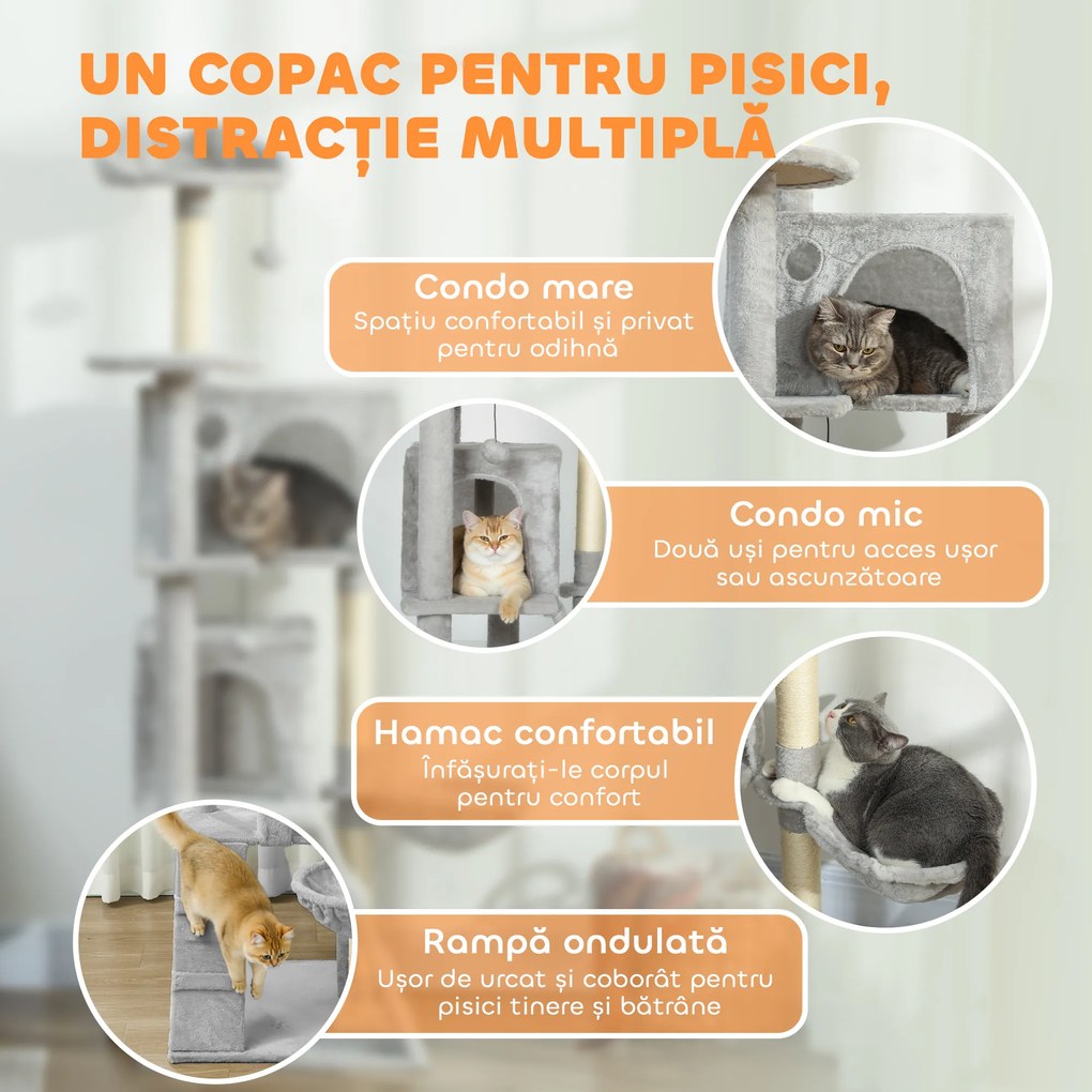 PawHut Arbore de Zgâriat pentru Pisici Înalt de 160 cm cu 2 Căsuțe, Hamac, Pat și Stâlpi din Sisal, Gri | Aosom Romania