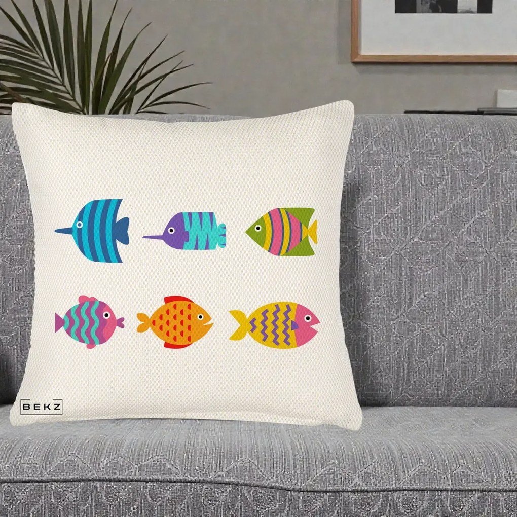 Perna Decorativa Pesti Colorati Cartoon, 40x40 cm, Crem Reliefat, Husa Detasabila, Perna Inclusa, BEKZ®
