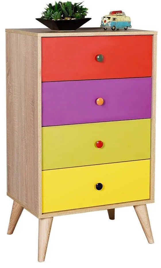 Comoda Adore Rainbow, 4 sertare, Multicolor/Sonoma, 60 x 104 x 45 cm