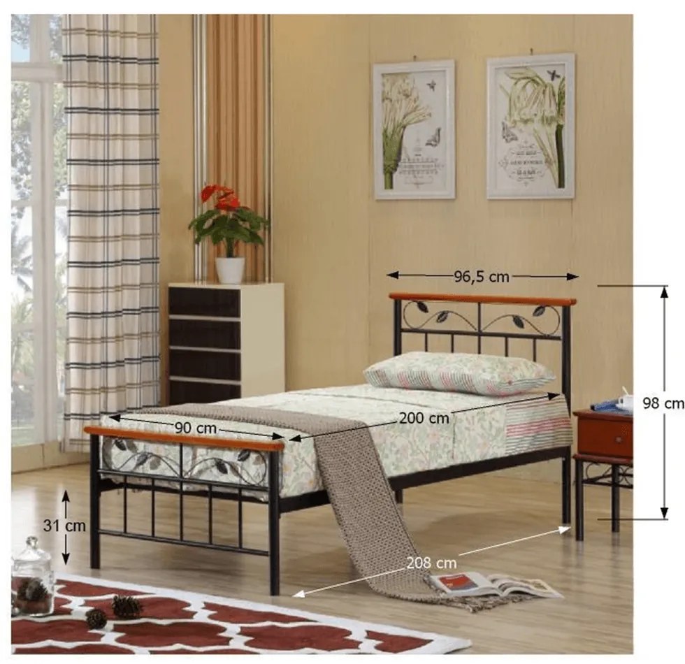 Cadru pat cu somiera lamelara, lemn cires/metal, 90x200, MORENA NEW