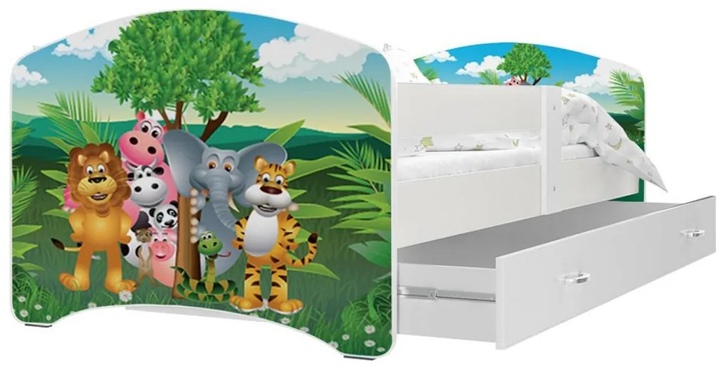 Supermobel Pat pentru copii cu imprimeu LUCKY P1 + saltea + somieră GRATIS, 140x80, alb/MODEL 08