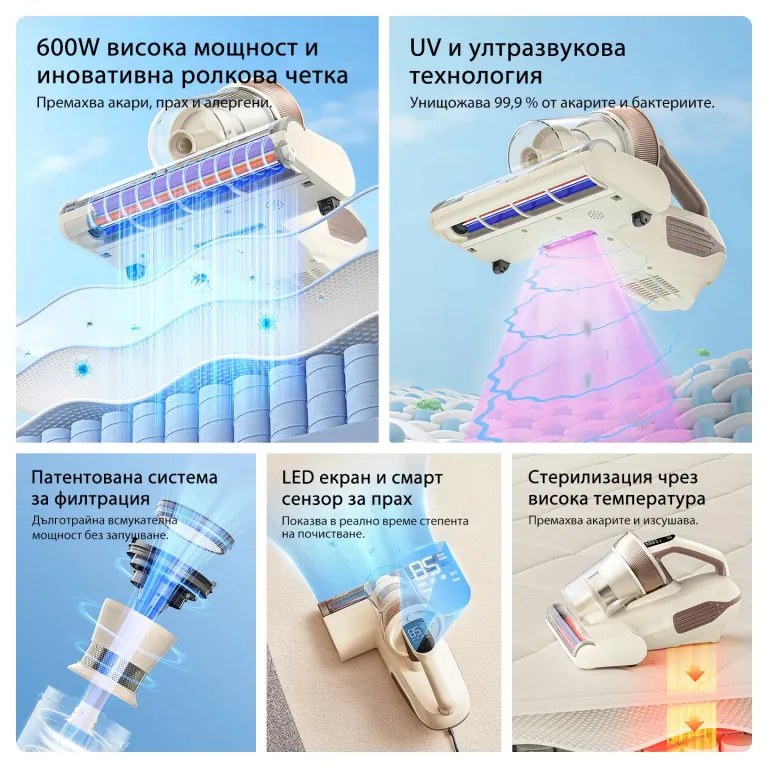 Aspirator acarieni JIMMY BX6 Lite, 600 W, 15 kPa, Tamponare, Sterilizare prin incalzire la 55°C, Filtrare in 6 trepte, Bej/Maro