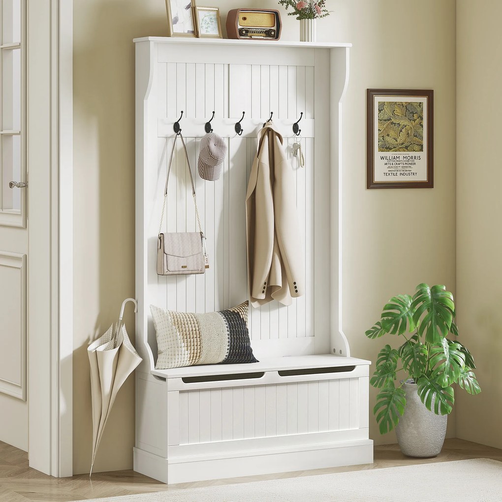 HOMCOM Cuier de Podea cu Bancă pentru Pantofi și 5 Cârlige, MDF, 96L x 34I x 179,7Î cm, Crem | Aosom Romania