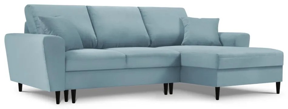 Colțar albastru deschis extensibil, cu spațiu de depozitare cu tapițerie din catifea reiată (cu colț pe partea dreaptă, cu șezlong) Kyoto – Cosmopolitan Design