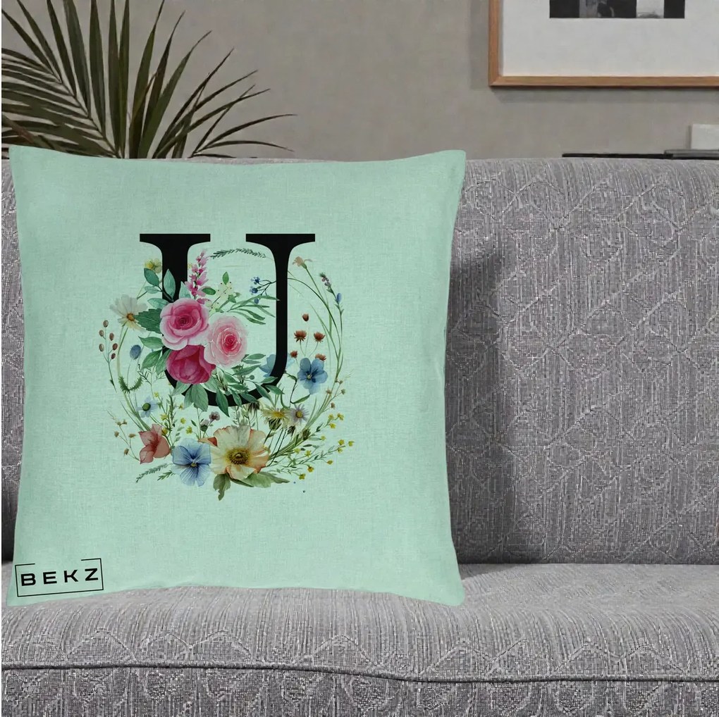Cadou Personalizat - Perna Personalizata Monogram Litera U cu Flori Acuarela, 40x40 cm, Verde Menta, Husa Detasabila, Perna Inclusa, BEKZ®